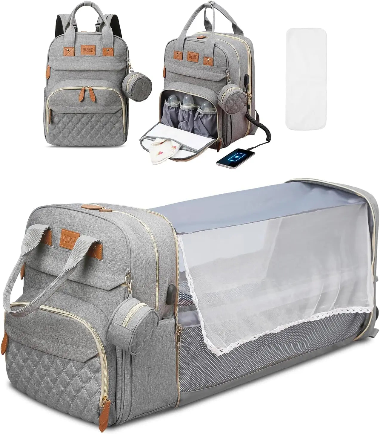3-in-1 Luiertas Rugzak – Opvouwbaar Babybedje, Waterproof & USB-oplader