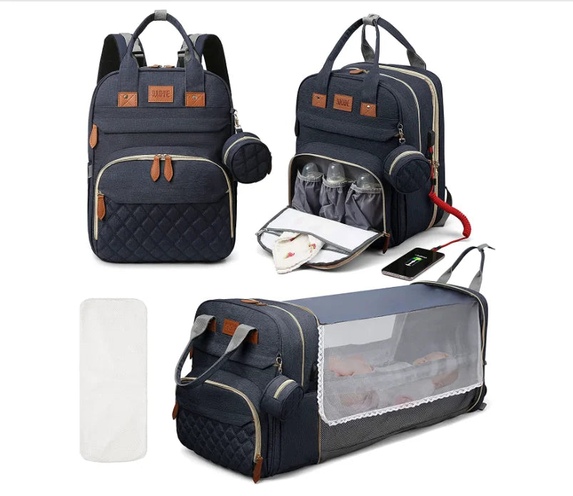 3-in-1 Luiertas Rugzak – Opvouwbaar Babybedje, Waterproof & USB-oplader