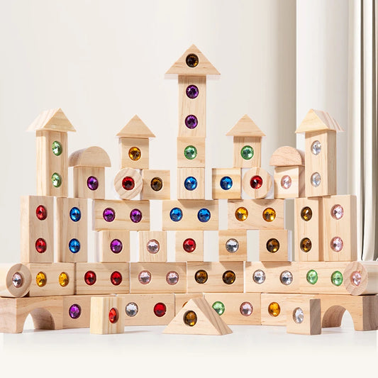 Houten Edelsteenbouwblokken – Montessori Regenboog Stapelblokken | 32 of 50 stuks