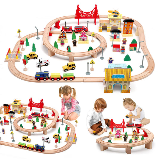 Houten Treinset 72 of 108 Stuks Montessori Speelgoed | Treinen & Rails voor Kinderen