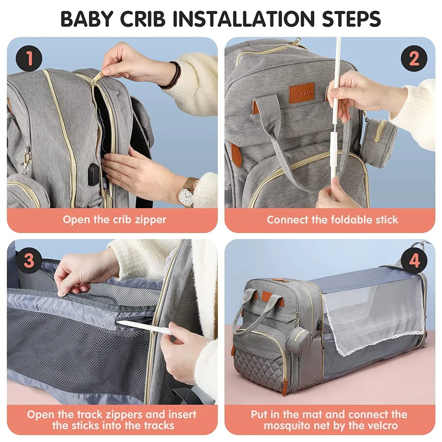 3-in-1 Luiertas Rugzak – Opvouwbaar Babybedje, Waterproof & USB-oplader