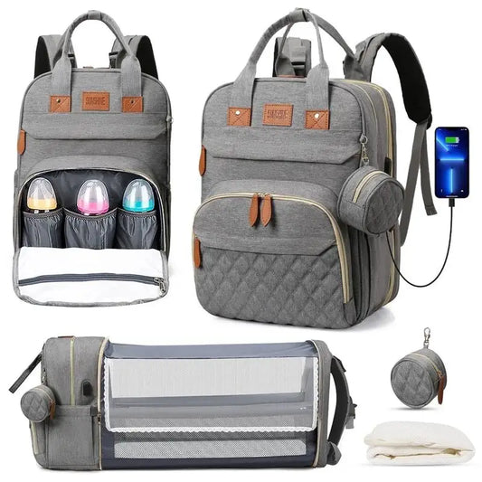 3-in-1 Luiertas Rugzak – Opvouwbaar Babybedje, Waterproof & USB-oplader