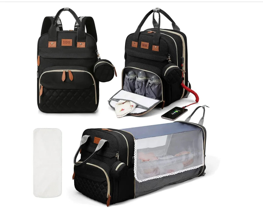 3-in-1 Luiertas Rugzak – Opvouwbaar Babybedje, Waterproof & USB-oplader