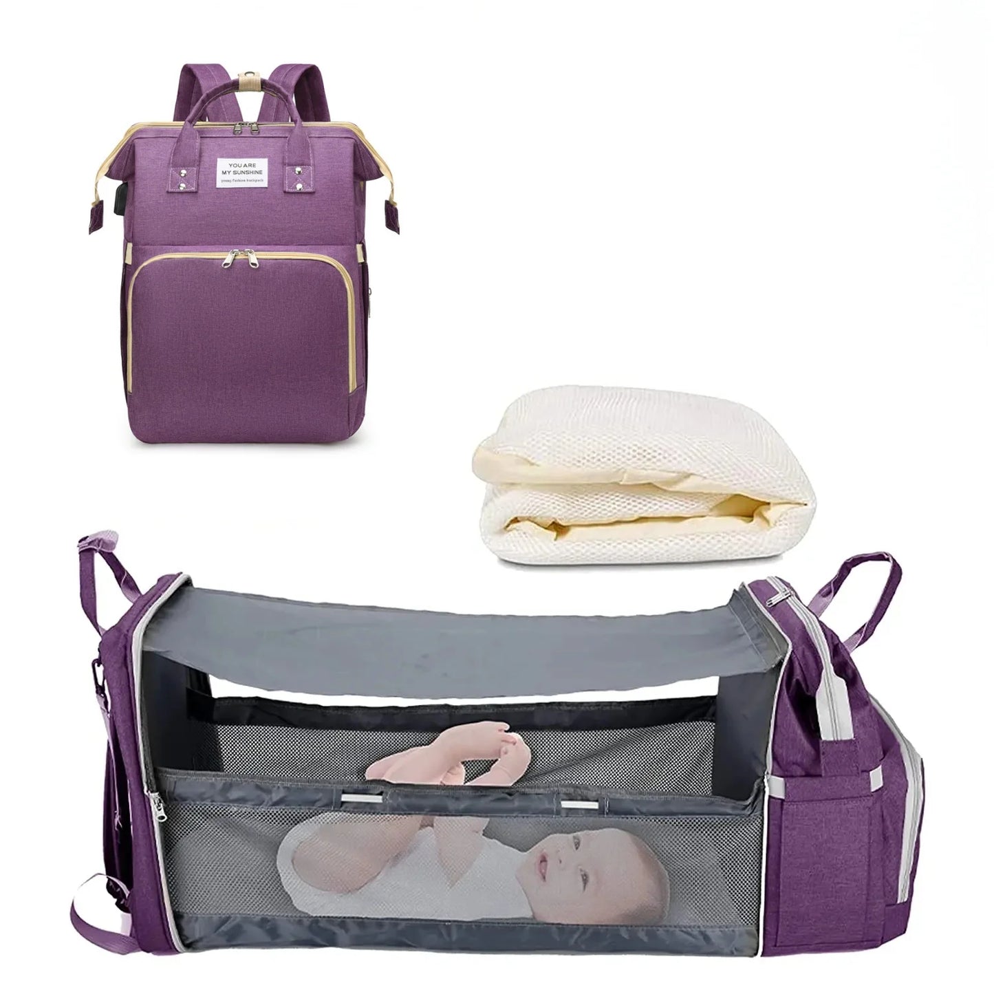 3-in-1 Luiertas Rugzak – Opvouwbaar Babybedje, Waterproof & USB-oplader