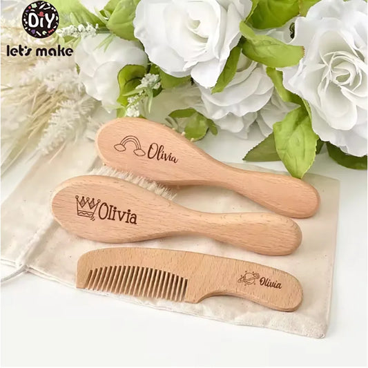 Houten Baby Haarborstel & Kam Set – Zachte Newborn Haarverzorging | Hoofdmassage