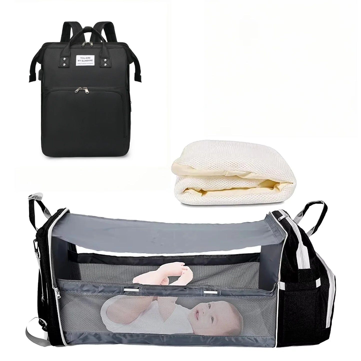 3-in-1 Luiertas Rugzak – Opvouwbaar Babybedje, Waterproof & USB-oplader